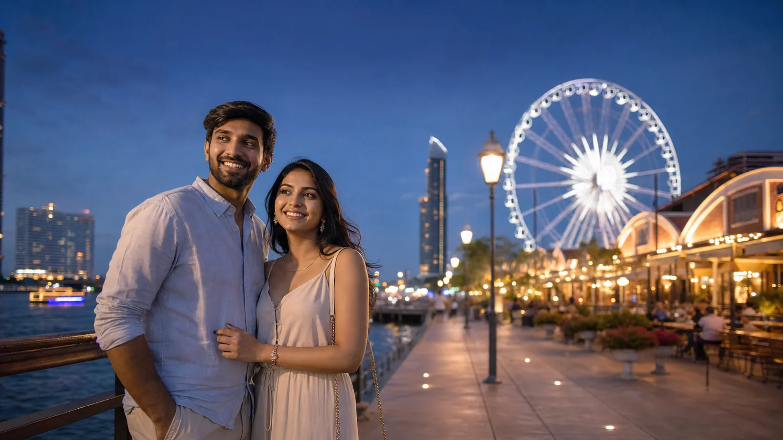 Couple enjoying the Asiatique waterfront at night